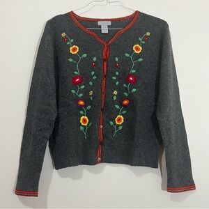 Vintage 90s Northwest Blue Wool Ramie Cardigan Flowers Embroidered Size M Granny